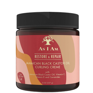 Jar of As I Am Restore & Repair Jamaican Black Castor Oil Curling Creme on a white background