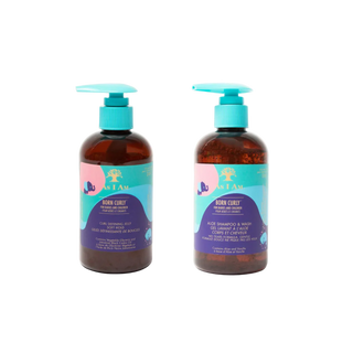 Two bottles of I Am Born Curly hair care shampoo + jelly product on a white background