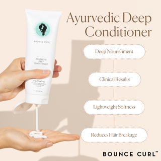 Bounce Curl Ayurvedic Deep Conditioner being dispensed into a hand with product features listed.
