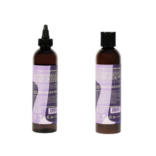 Two bottles of 'As I Am' rice water shampoo and conditioner on a white background