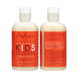 Two bottles of SheaMoisture Kids shampoo with orange labels on a white background.