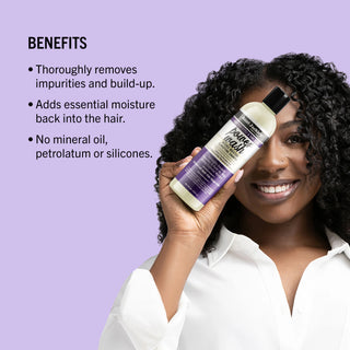 Woman holding a bottle of hair care product with text listing benefits on a purple background