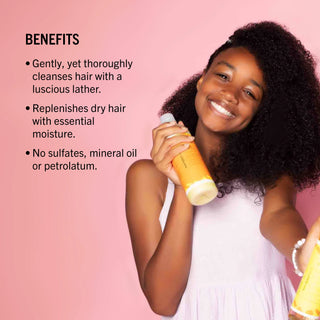 Woman holding a bottle of hair care product with text listing benefits on a pink background