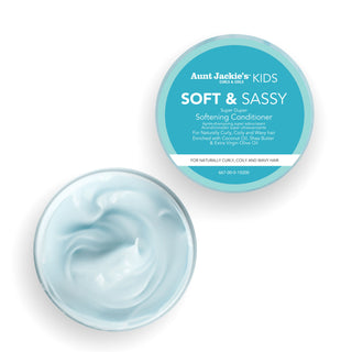 Aunt Jackie's Kids Soft & Sassy conditioner jar with open lid showing product on a white background