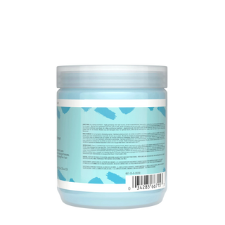 Container with blue label and white lid on a white background