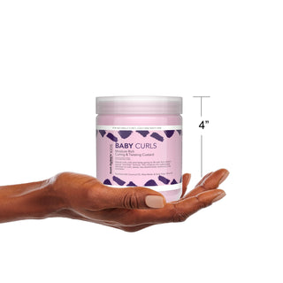 Hand holding a Jar of Aunt Jackie's Girls Baby Girl Curls Curling & Twisting Custard 426g product with dimensions indicated on a white background
