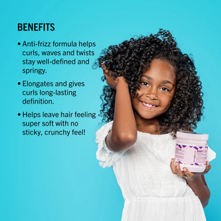 Young girl with curly hair holding a product container against a blue background with text about product benefits.