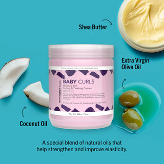 Jar of Aunt Jackie's Girls Baby Girl Curls Curling & Twisting Custard 426g product with coconut, olive, and shea butter on a blue background