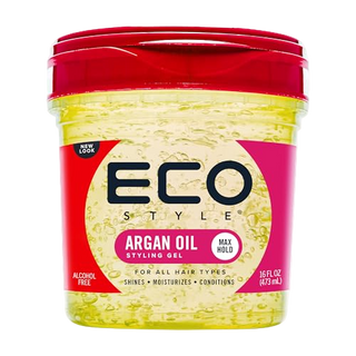 Jar of Eco Style Argan Oil Styling Gel with red lid on a white background