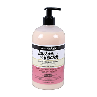 Bottle of Aunt Jackie's hair product with pump on a white background