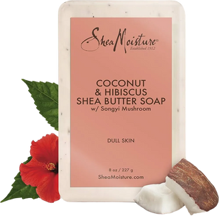 Shea Moisture coconut and hibiscus shea butter soap with a red flower and leaf on a white background