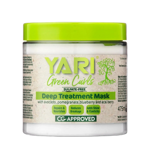 YARI Green Curls deep treatment mask jar with green lid on a white background