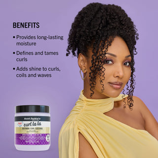 Woman with styled hair next to a container of Aunt Jackie's Curl La La product on a purple background