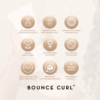 Bounce Curl product features with icons and text on a light background