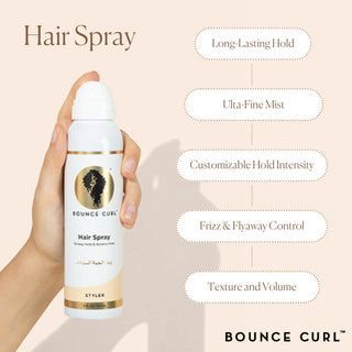 Bounce Curl hair spray bottle held by a hand with product features listed on a beige background
