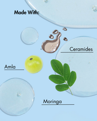 Ingredients used in a product on a blue background with Amla, Moringa, and Ceramides labeled.