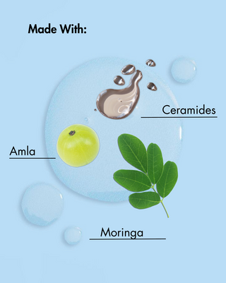 Product ingredients displayed on a blue background with 'Amla', 'Moringa', and 'Ceramides' labeled.