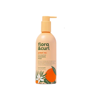 Flora & Curl radiance mask bottle with pump on a white background, featuring 2024 Natural Health Beauty Awards gold badge.