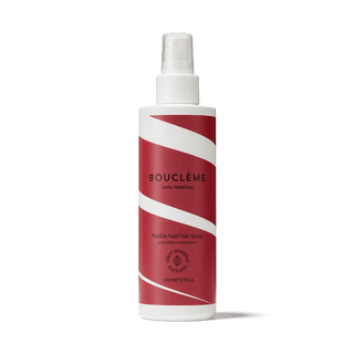 Boucleme hair spray bottle with red and white design on a transparent background
