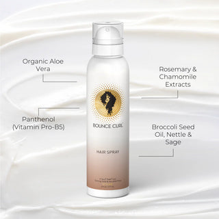 Bounce Curl hair spray bottle with ingredients listed on a white background