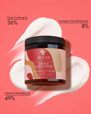As I Am Jamaican Black Castor Oil Moisturizing Masque jar with product application on a pink background