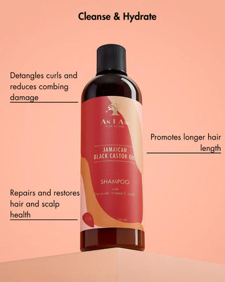 Shampoo bottle As I Am Jamaican Black Castor Oil Shampoo 355ml with red label on a peach background, featuring text about product benefits.