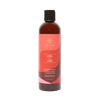 Bottle of 'Long & Luxe' conditioner with a red label on a white background