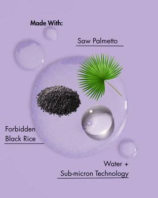 Ingredients used in a product on a purple background with water droplets.