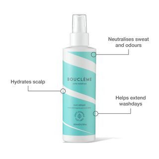 Boucleme hair product bottle with features highlighted on a white background