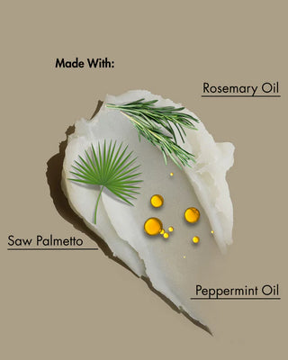 Product labeled with rosemary oil, saw palmetto, and peppermint oil on a beige background