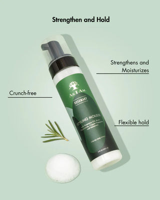 Green styling mousse bottle with text on a light green background