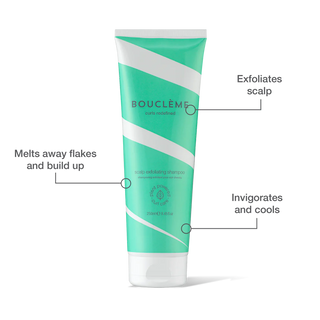 Green and white tube of Boucleme scalp product with text on a white background