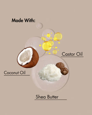 Ingredients used in a product on a beige background, including coconut oil, shea butter, and castor oil.