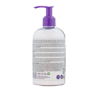 Clear bottle with purple pump top on a white background