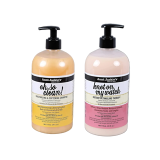 Two bottles of Aunt Jackie's hair care products on a white background