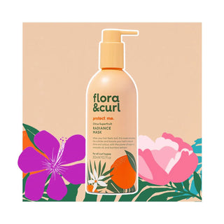 Flora & Curl radiance mask bottle with floral design on a beige background