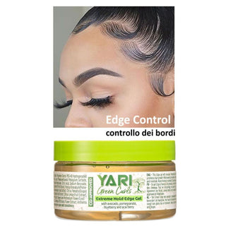 Yari Green Curls edge control gel with a model wearing a wig on a white background