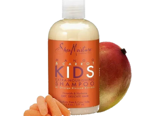 SheaMoisture Mango & Carrot Kids shampoo bottle with a mango on a white background