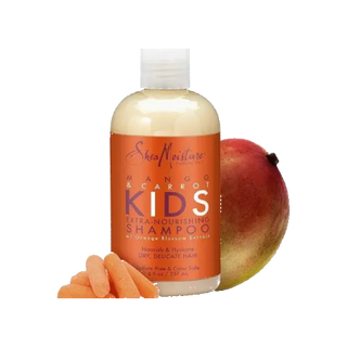 SheaMoisture Mango & Carrot Kids shampoo bottle with a mango on a white background
