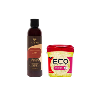 Two hair care products, a bottle and a jar, on a white background.