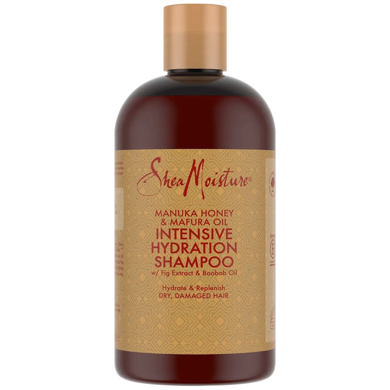 SheaMoisture shampoo bottle with gold cap on a white background