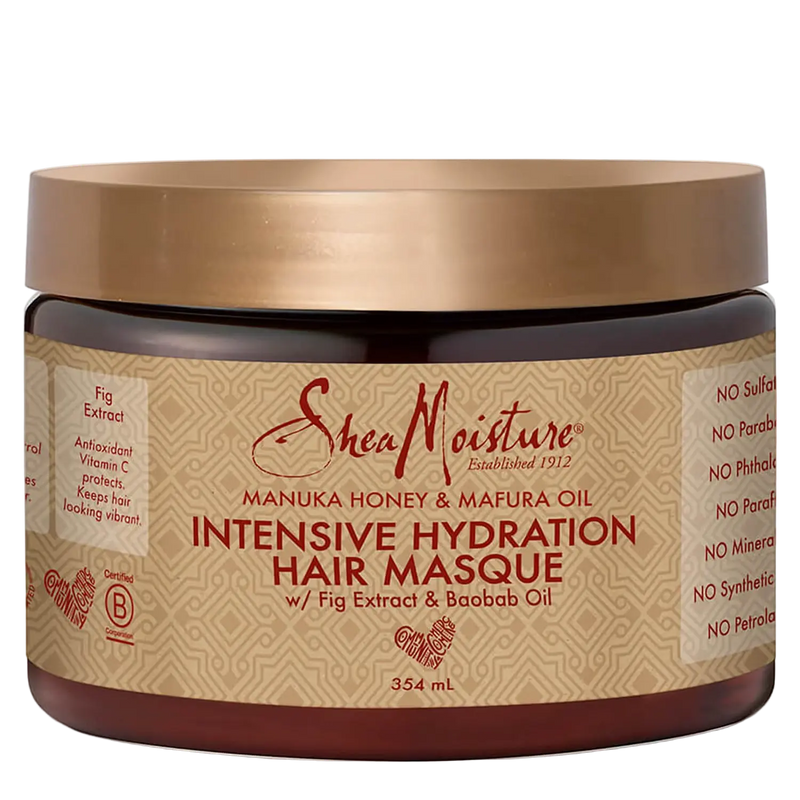 SheaMoisture intensive hydration hair masque jar with gold lid on a white background