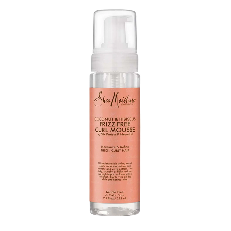 SheaMoisture Coconut & Hibiscus Frizz-Free Curl Mousse bottle on a white background
