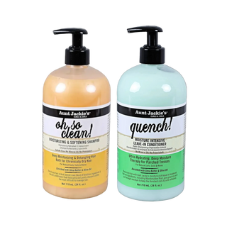 Two bottles of Aunt Jackie's hair care products on a white background
