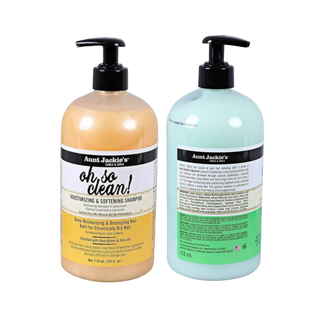 Two bottles of Aunt Jackie's shampoo +leave in on a white background