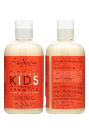 Two bottles of SheaMoisture Kids shampoo with orange labels on a white background.