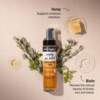 Aunt Jackie's braid setting foam with honey and biotin on a beige background