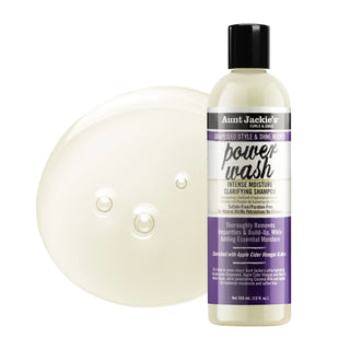 Aunt Jackie's Power Wash shampoo bottle with a white scoop on a white background