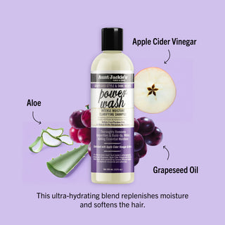 Aunt Jackie's power wash shampoo bottle with ingredients labeled on a purple background