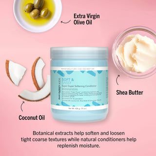 Jar of soft and lush conditioner with coconut, olive, and shea butter elements on a pink background